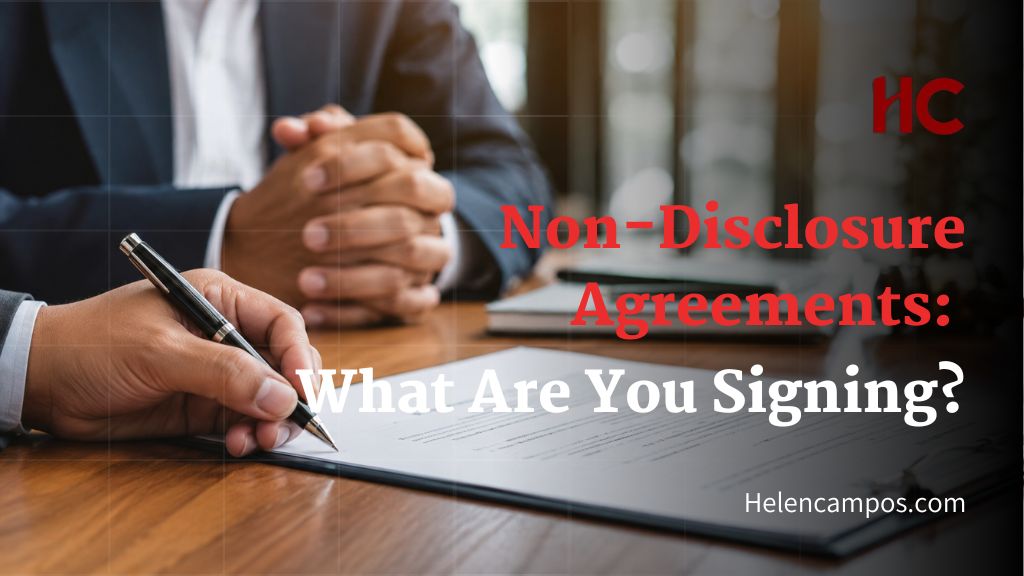 Business professional signing a non-disclosure agreement document during a confidential legal meeting in a modern office.