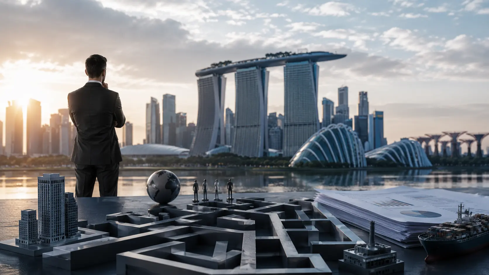 Singapore business scene featuring corporate documents, organizational maze, global trade elements, and city skyline representing challenges foreign entrepreneurs face with complex business structures in Singapore.