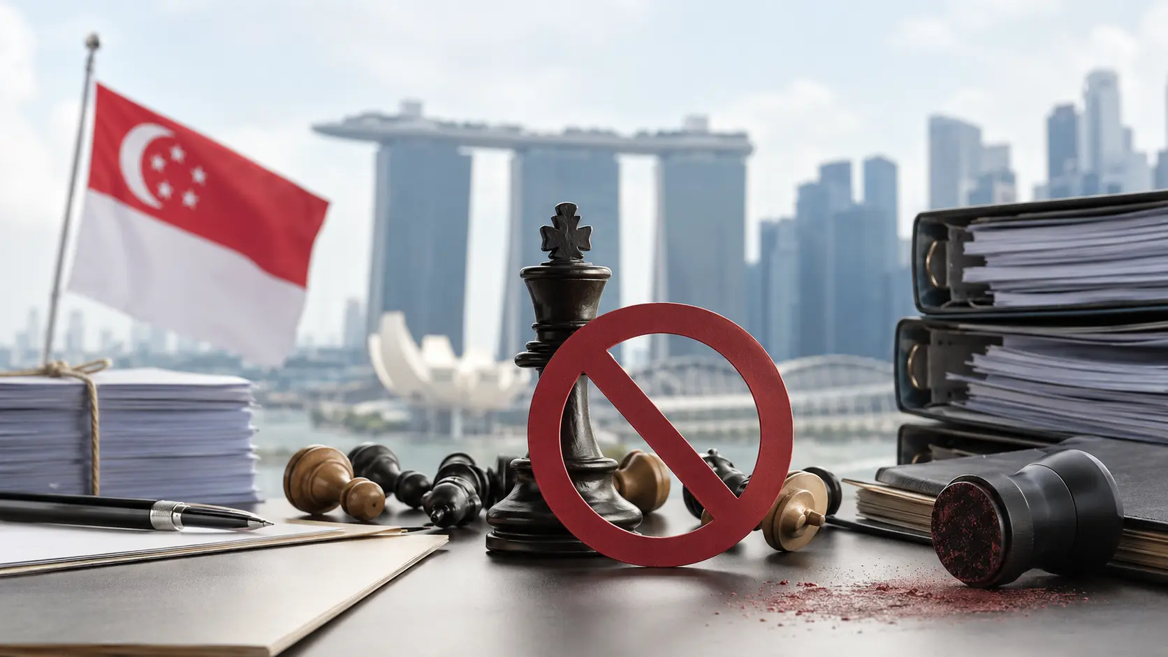 Corporate compliance concept showing legal documents, chess pieces, company records, and Singapore skyline representing common mistakes directors make during strike-off in Singapore.